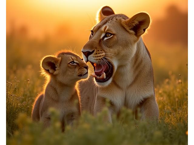 Lioness with cubs in the Maasai Mara, Kenya, bathed in golden light.