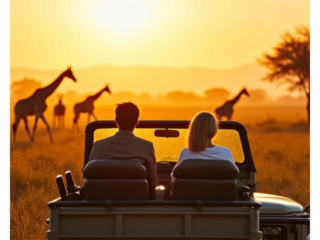 Classic safari vehicle with tourists viewing giraffes at sunrise.