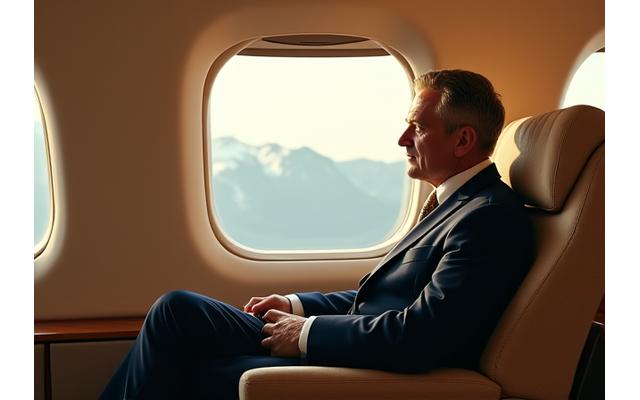 Sleek private jet interior with wealthy traveler looking out the window, symbolizing luxury travel contact.