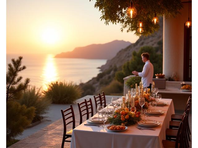 A luxurious private villa with an outdoor dining area and private chef.