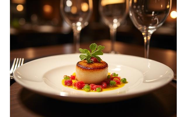 A perfectly plated, gourmet dish in a Michelin-starred restaurant setting.