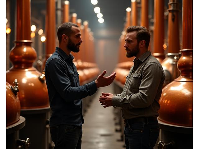 A master distiller explaining the craft inside an atmospheric distillery.
