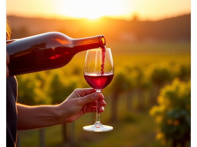 A sommelier pouring wine during a private tasting in a sunlit vineyard.