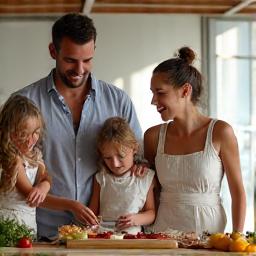 A family enjoying a private cooking class in a beautiful resort kitchen