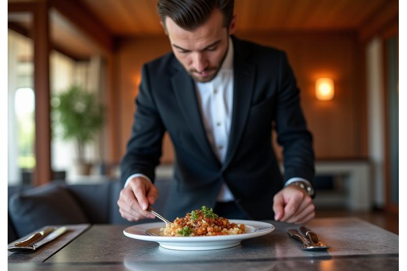 A discreet private butler attending to guests in a luxurious suite