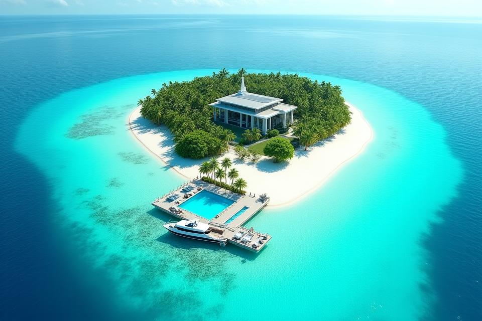 Aerial view of a serene private island with an exclusive villa and private dock