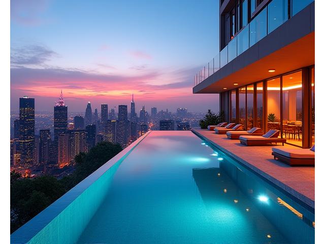 Elegant rooftop pool of a luxury urban hotel overlooking a vibrant city skyline at sunset