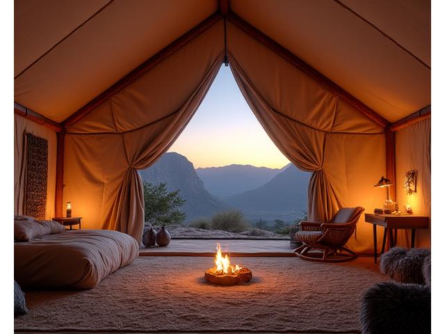Luxurious safari-style tent basecamp with fine furnishings in a remote scenic location