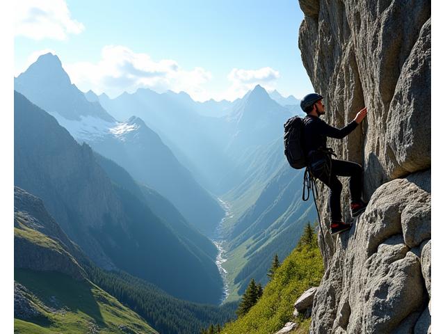 Climber ascending a steep rock face with a vast mountain panorama below