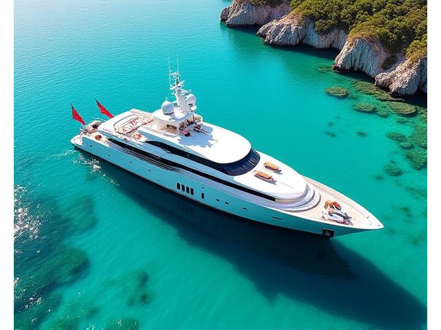 Luxury superyacht cruising in turquoise waters with water sports equipment on deck