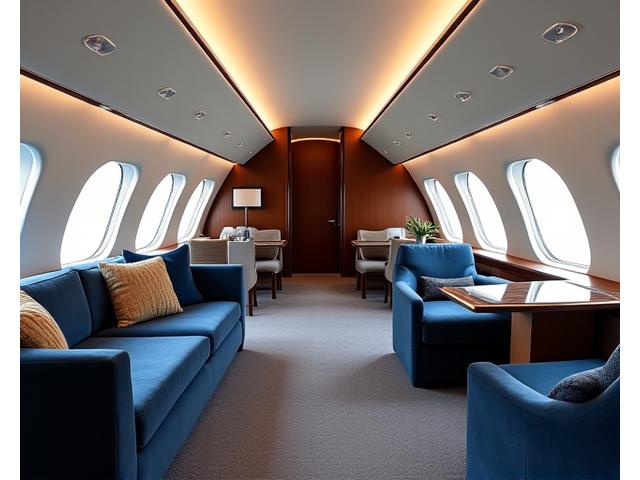 Expansive heavy jet cabin with conference table and lounge area