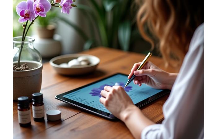 A woman meticulously planning her bespoke wellness journey on a luxurious tablet, surrounded by serene natural elements and essential oils