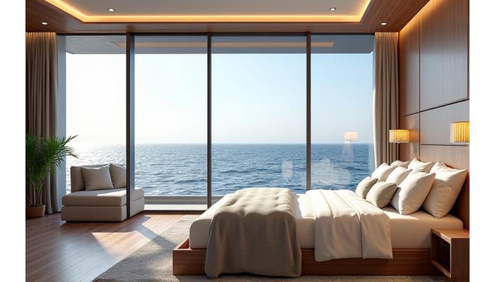 Sumptuous master suite on a superyacht with panoramic ocean views from floor-to-ceiling windows and luxury furnishings.
